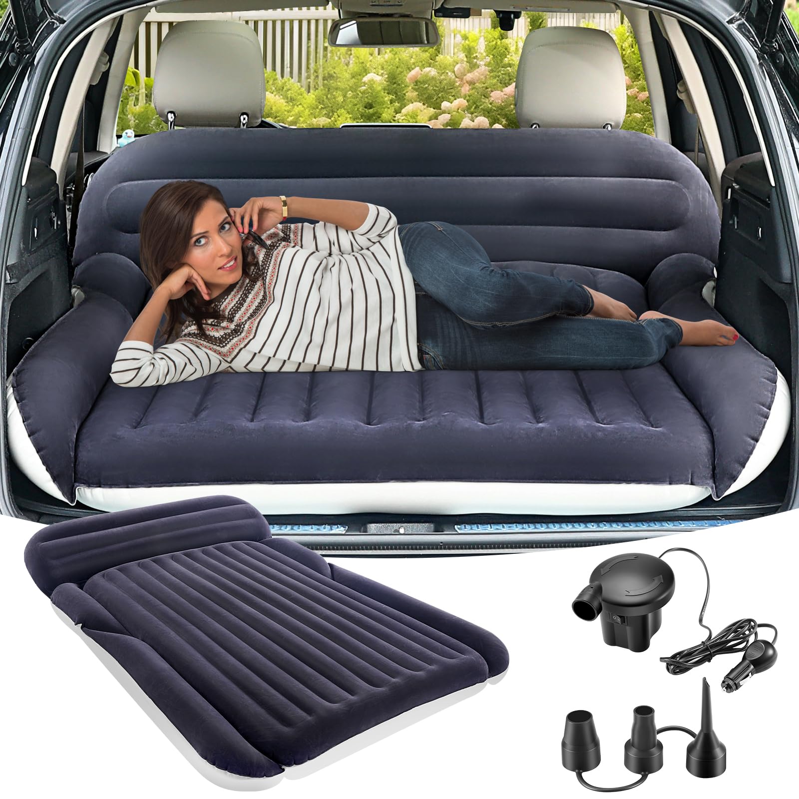 KMZ SUV Luftmatratze mit 2 Kissen – Dickere und Beflockung Auto-Bett – Bewegliche Reisen Matratze für Camping & Outdoor – Schnelles Aufblasbare & Entleeren mit elektrische Luftpumpe