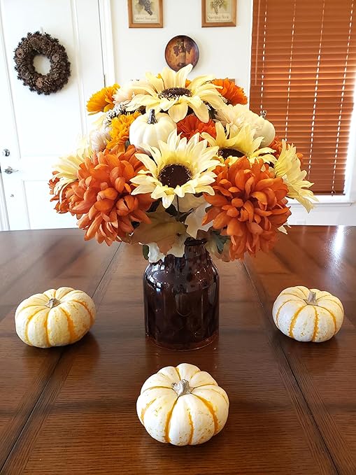 Fall Artificial Floral Centerpiece in Amber Glass Vase