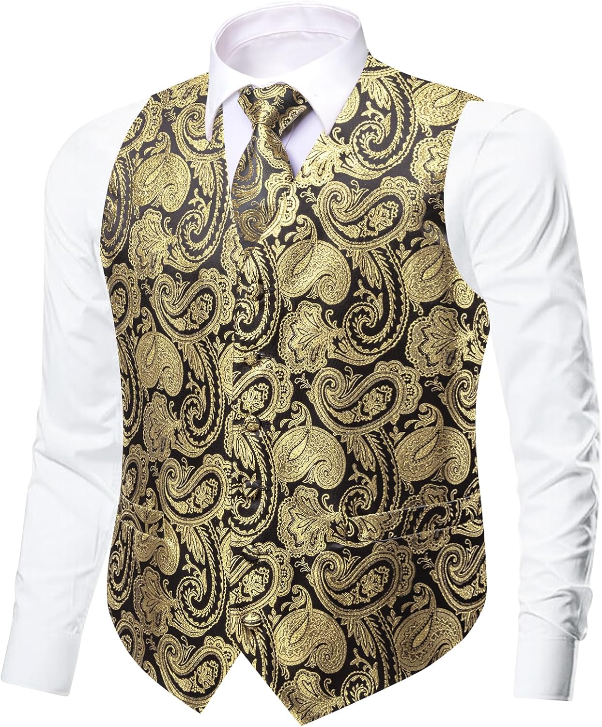 Dubulle Mens Suit Vest Tie Set Yellow Glitter Paisley Floral Silk V-neck Waistcoats for Men with Necktie Wedding Tuxedo