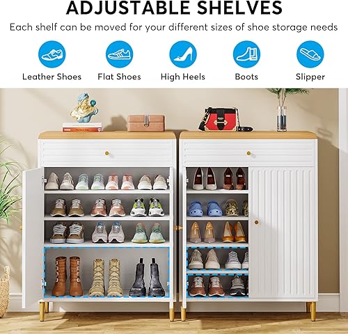 Miniatura 6 de Tribesigns Zapatero para entrada, zapatero moderno de 5 niveles con puertas y cajón, armario de almacenamiento de zapatos de madera con estantes