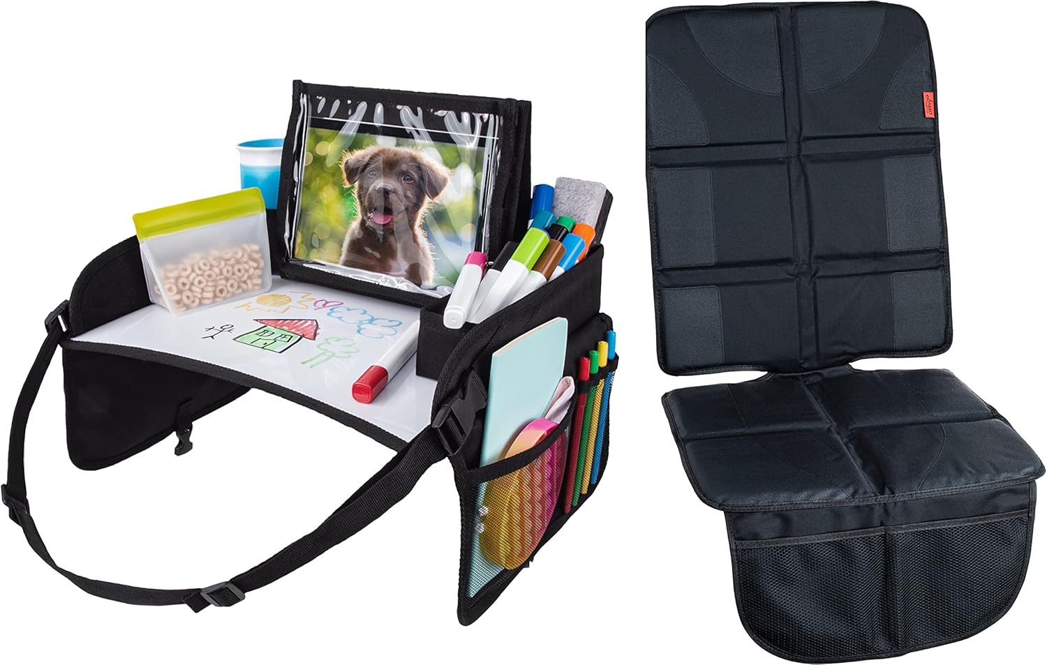 Lusso Gear Kids Travel Tray with Dry Erase Board (Black) + Car Seat Protector (Black), Road Trip Essentials Kids, No-Drop Tablet Holder, Lap Desk, Cup Holder, Toddler Toy Storage, Fits Airplane