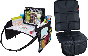 Lusso Gear Kids Travel Tray with Dry Erase Board Black + Car Seat Protector Black, Road Trip Essentials Kids, No-Drop Tablet Holder, Lap Desk, Cup Holder, Toddler Toy Storage, Fits Airplane