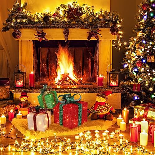 Miniatura 7 de VINGLI - Juego de 3 cajas de regalo iluminadas de Navidad, cajas de presente resistentes al clima, decoración para el hogar, 60 luces LED