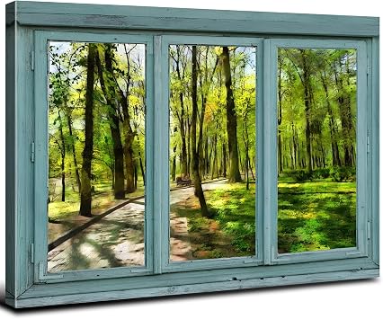 AIYISU Forest Canvas Wall Art Window View of Sunshine Pathway Landscape Painting Nature Sunlight Forest Scenic Pictures Green Trees Landscape Poster Artwork for Living Room Office Decorations 24x36