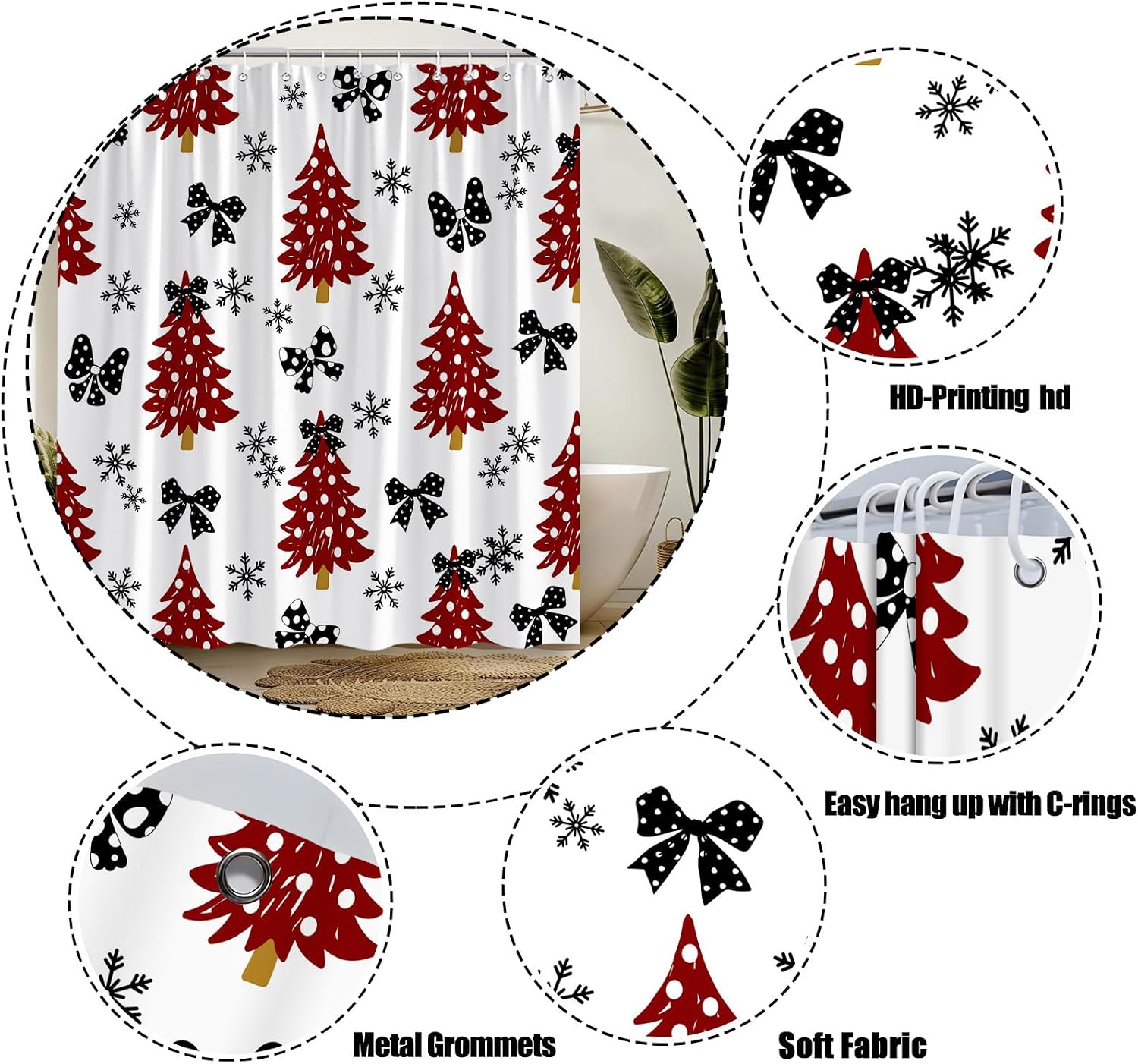 GCTNBJL Christmas Tree Shower Curtain Red Black Xmas Tree Snowflake Dots Bow Cute Winter Extra Long Bathroom Home Curtain with Hooks,70x96 Inch