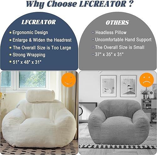 Miniatura 5 de Puf grande para adultos, silla gigante de tela de piel sintética con almohada, puf suave con soporte ergonómico, sofá perezoso de felpa beige, blanco