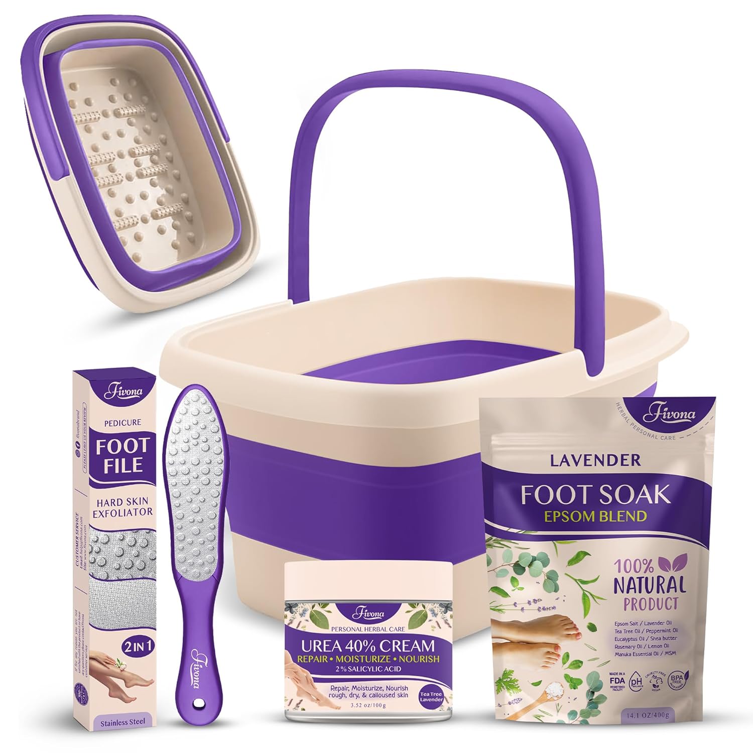 Fivona Foot Care Kit 4 in 1 – Foot Soak Blend with Epsom Salt, Lavender and Essential Oils – Collapsible Foot Soak Basin – 40% Urea Cream for Hard, Dry Skin – Dual Action Foot File