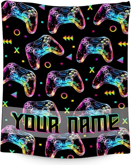 Custom Gamer Blanket for Boys - 50x60 Inches Cool Throw Gifts - Black Soft Fuzzy Blankets for Bed, Couch & Travel