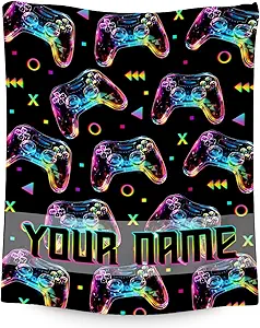 Custom Gamer Blanket for Boys - 50x60 Inches Cool Throw Gifts - Black Soft Fuzzy Blankets for Bed, Couch & Travel