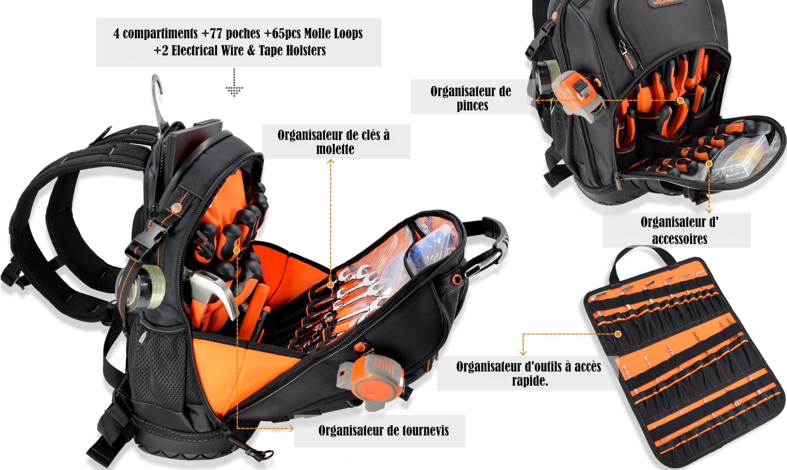 WELKINLAND sac à dos d'électricien avec 77 poches, pour hommes et outils de climatisation et construction