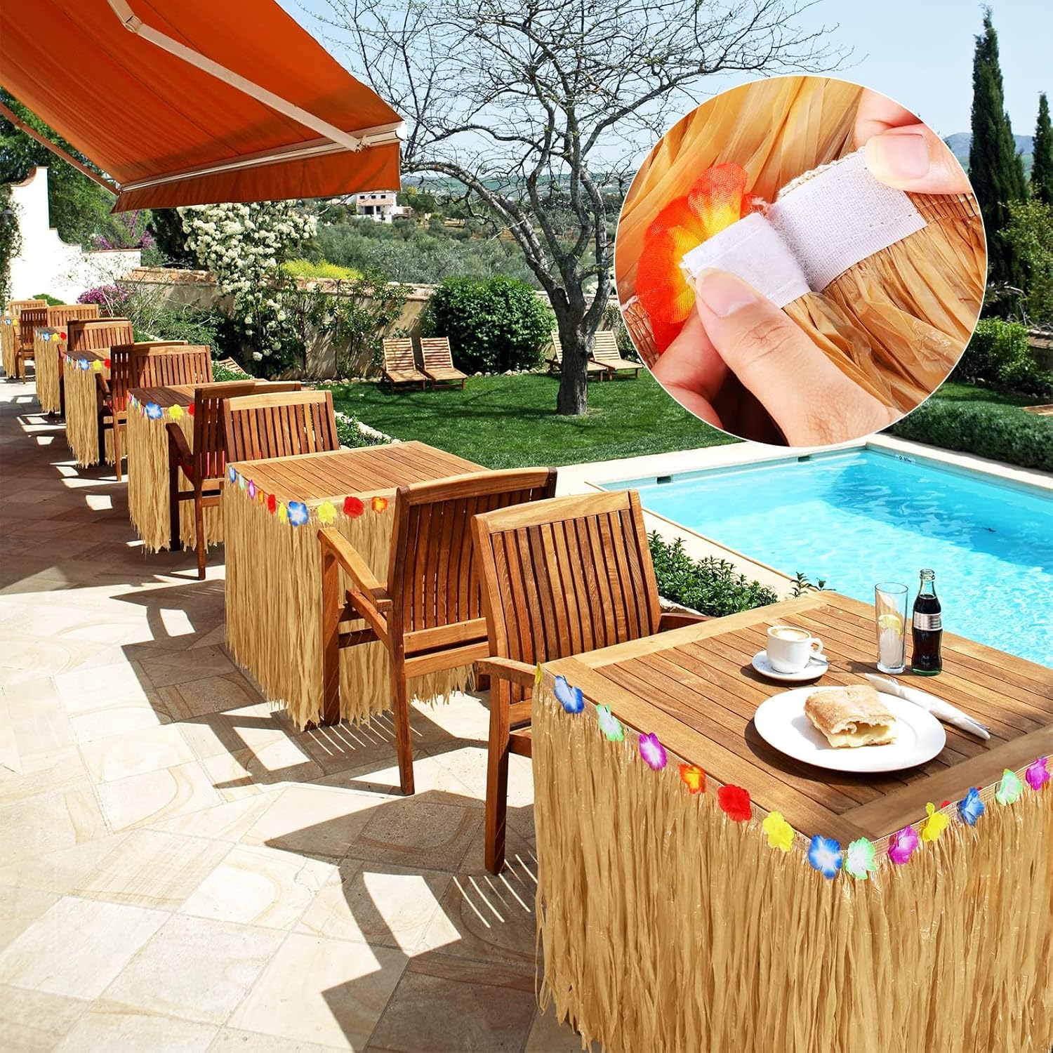 Aodaer 4 Pack Thickened Grass Table Skirt Natural with Hibiscus Flowers 400g Hawaiian Luau Tropical Party Decor Fringe Party Decoration for Costume Tiki Tropical Hawaii Moana Birthday, Straw Yellow - Image 4