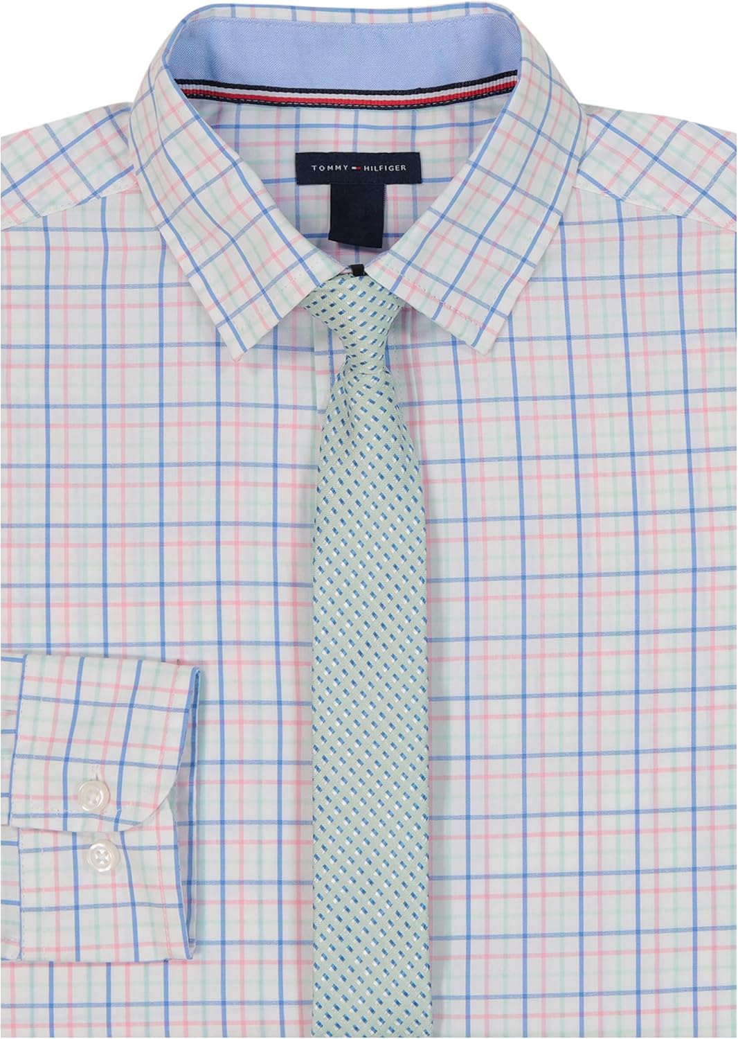 Tommy Hilfiger Boys' Long Sleeve Dress Shirt with Straight Tie, Collared Button-Down with Cuff Sleeves, Prism Pink Check, 16