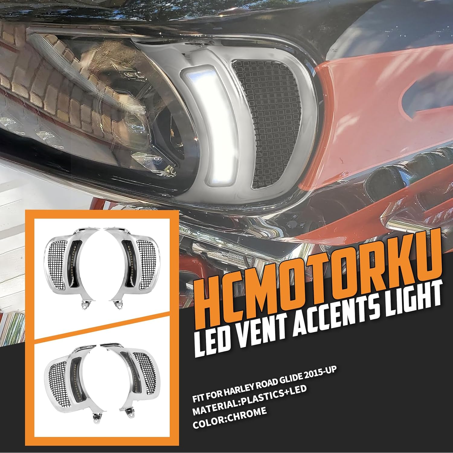 LED Headlight Vent Turn Signal Fairing Vent Accent Lamp Indicator Side Lights Fit for Harley Road Glide FLTRX FLTRXS FLTRK FLTRU FLTRXSE FLTRUSE 2015–2024 (Black with Chrome Mesh)