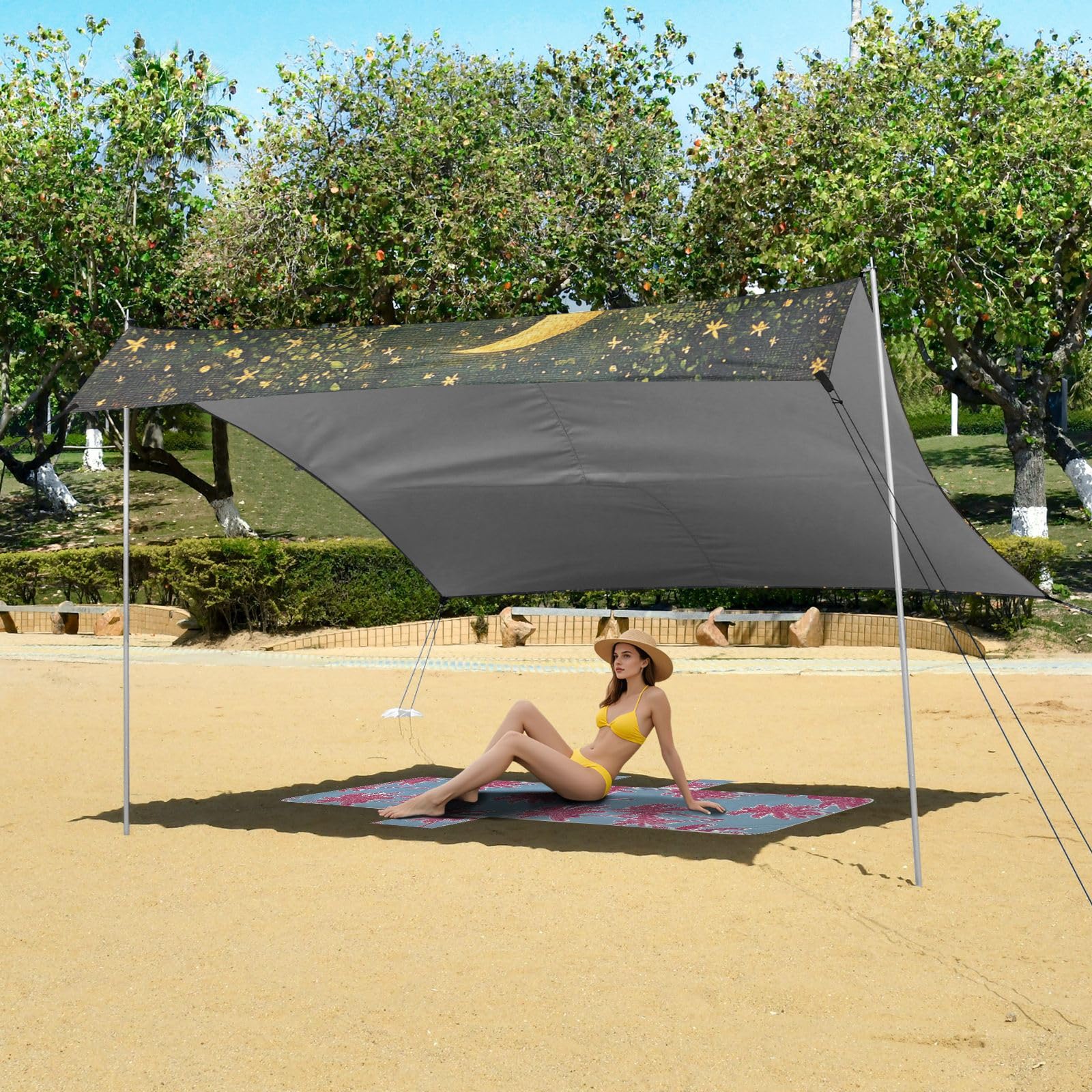 Grand pare-soleil léger UPF50 avec pelle à sable, sacs de sable pour camping, pique-niques, jardin et pêche