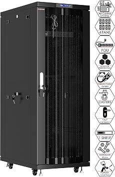 32U Server Rack Cabinet 19" Floor Standing Rack Enclosure, 32" Deep IT Infrastructure Rack with Cooling Fans, Thermostat LCD, PDU, Shelf & Casters