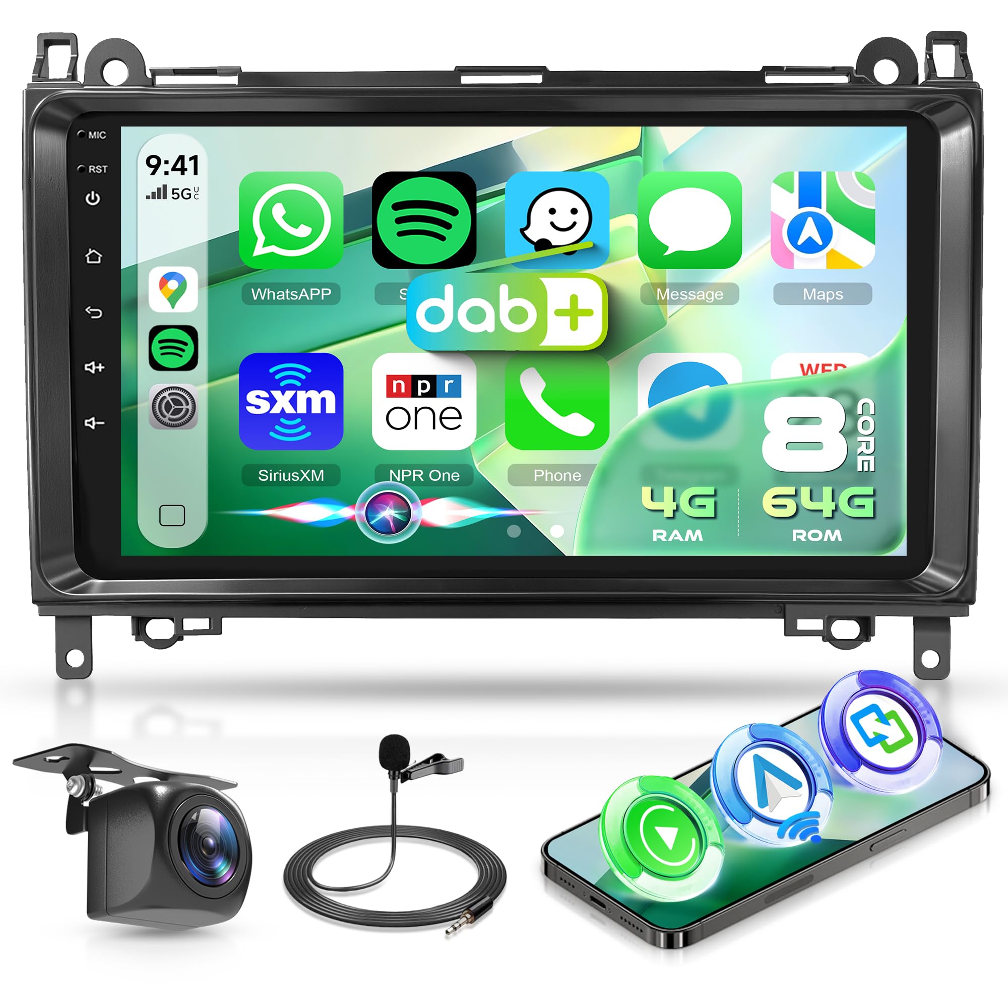 8 Core 4G+64G DAB+ Android Autoradio für Mercedes Benz A/B Class W169 W245 B200 W639 Vito Viano W906 Sprinter Wireless Carplay Android Auto, 9 Zoll Radio GPS WiFi Bluetooth FM/RDS/DSP Rückfahrkamera