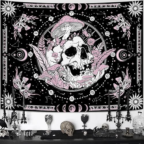 Miniatura 2 de Aipon Tapiz de calavera rosa, esqueleto, hongo, flores florales, hippie, plantas naturales, tapiz estético para colgar en la pared para sala de