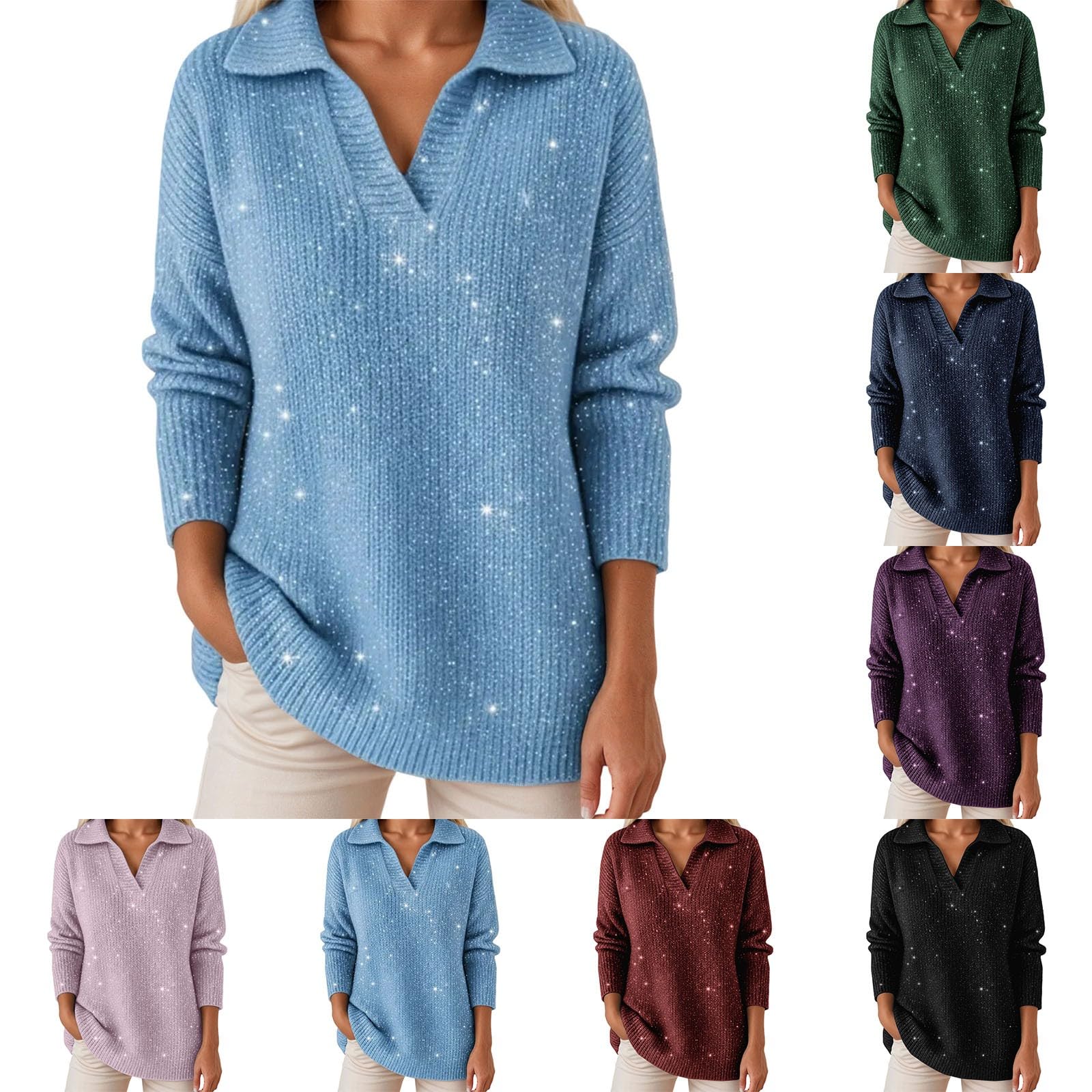 Womens Starry Sky Gradient Sweater Shirts Lapel Polo V Neck Long Sleeve Knit Pullover Casual Top Jumper Y2K