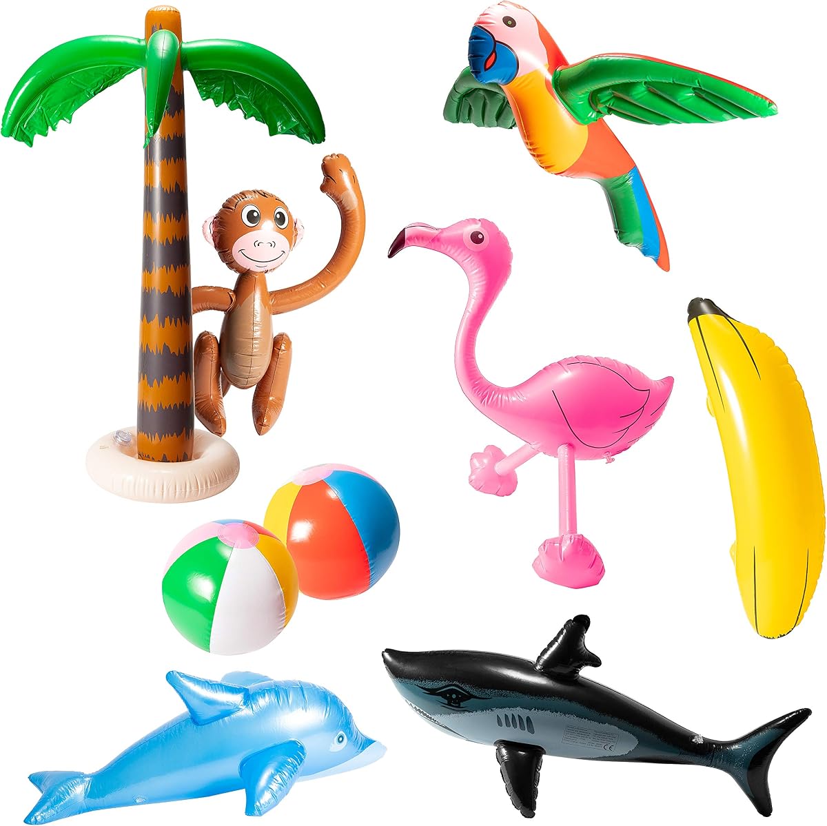 R HORSE 9 piezas de juguetes inflables para piscina de playa, decoraciones para fiestas hawaianas | Incluye palmera, flamenco, plátano, pelota de playa, loro, mono, tiburón, delfín, ideal para luau hawaiano, fiesta de verano en la piscina.
