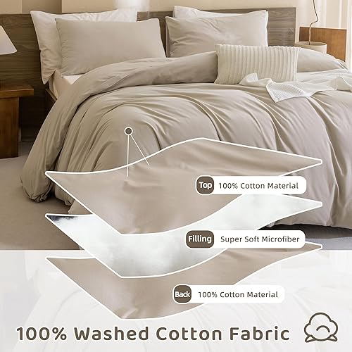 Miniatura 3 de Sanracie Juego de edredón 100% algodón, tamaño Queen, edredón con textura similar al lino para cama tamaño Queen, 3 piezas (1 edredón sólido y 2