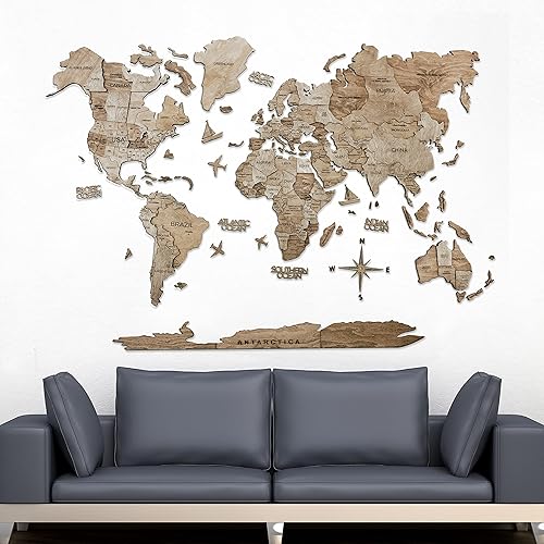 Miniatura 5 de AWESOMETIK TERRA - Mapa del mundo de madera 3D, mapa del mundo de fácil instalación con cinta de doble cara, incluye complementos, madera