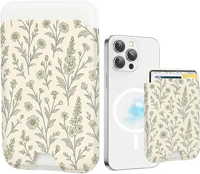 for Magsafe Wallet, Magnetic Wallet Card Holder for iPhone 17/16/16e/15/14/13/12 Pro/Max/Plus/Mini Case, Strong Magnet Phone Pocket Cute Design Credit Card Fit 3 Cards,Green Floral