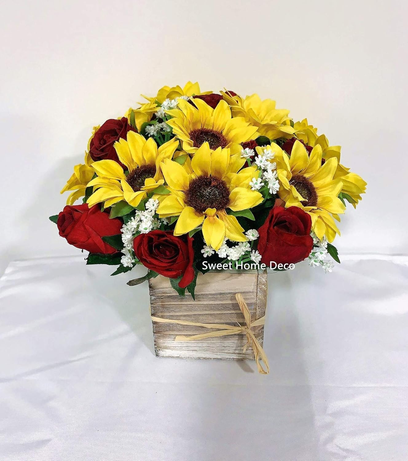 DOGNNAK Silk Sunflower Rose Babysbreath Wedding Bouquet - 10"T x 8"W - Yellow/Red - Rustic Vibrant - Artificial Wedding Bouquet - 1 Count