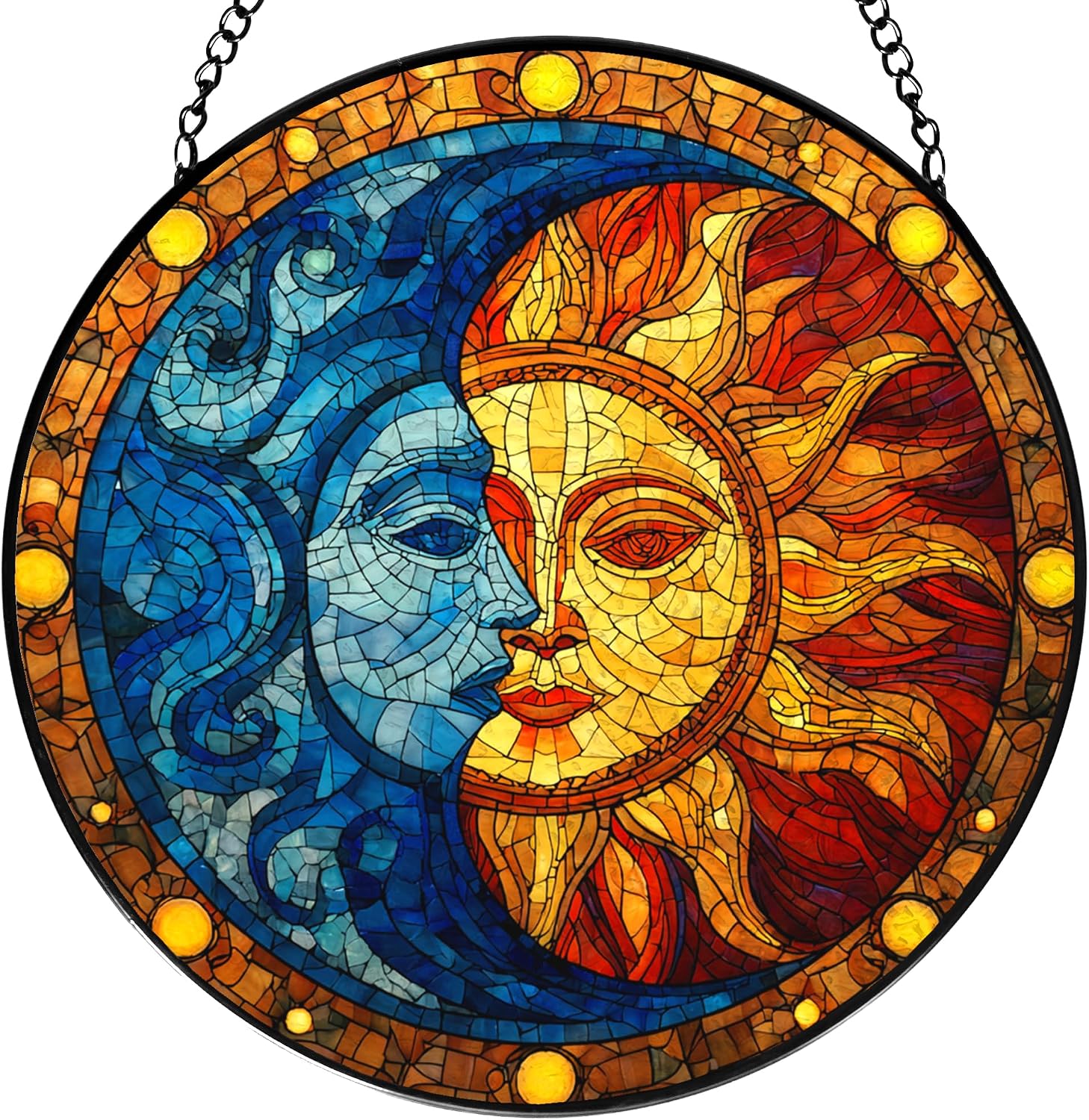 Sun and Moon Stained Glass Window Hanging, Celestial Sun and Moon Suncatchers Indoor Window Glass Wall Art Decorations, Celestial Decor Round Wall Hanging Decor, 7.9x7.9in