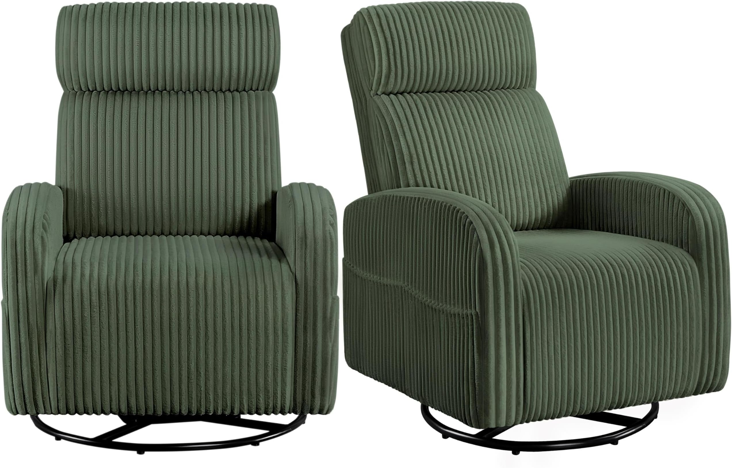 Yaheetech 360° Swivel Glider Chair for Nursery, Rocking Chair Nursing Chair with Side Pockets, Corduroy Glider for Living Room with High Back Dark Green Set of 2