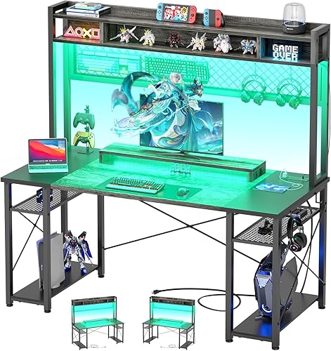 iSunirm Escritorio para juegos 48 con gabinete, escritorio grande para computadora con LED y estación de carga, escritorio de oficina en casa con