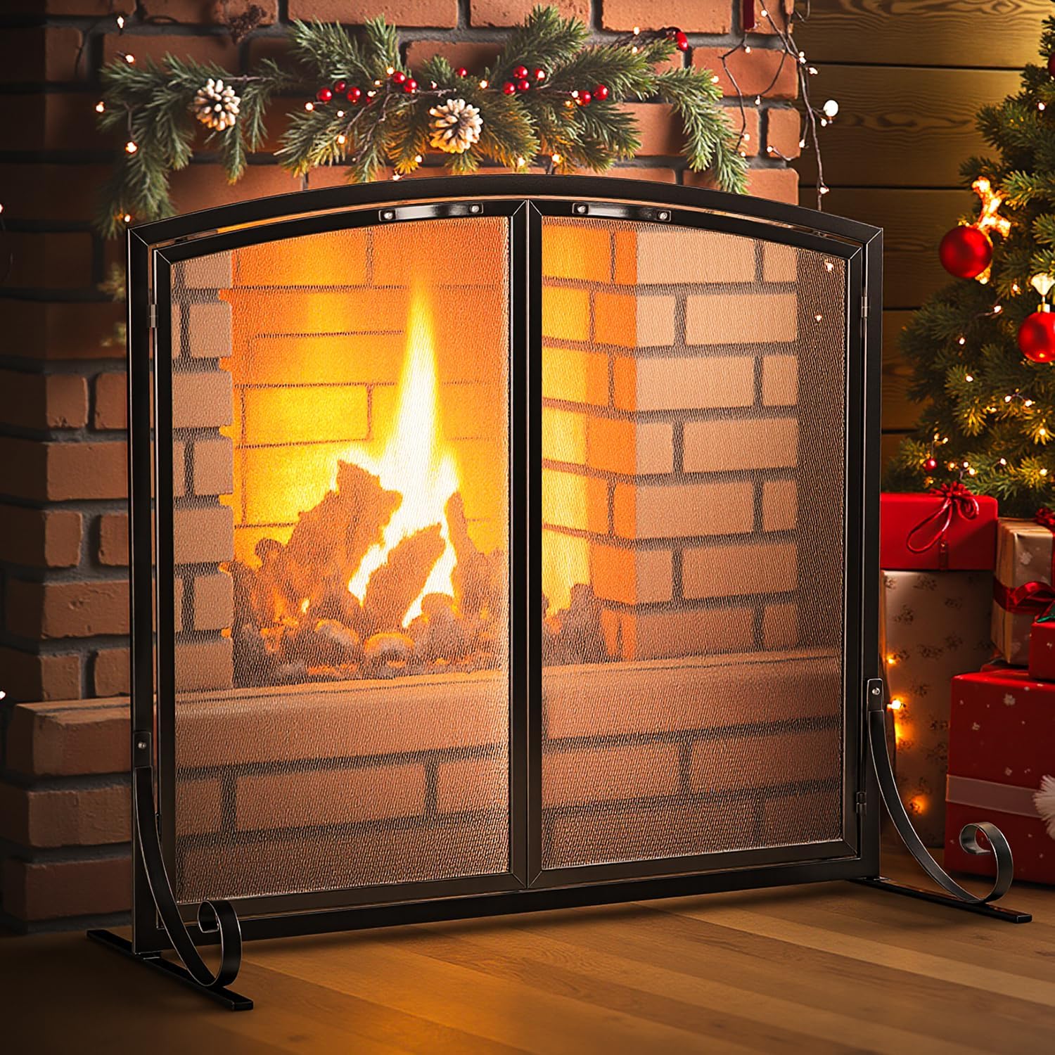 Idzo 38.6''W x33.25''H Fireplace Screen with Doors, 2-Door Black Fire Screen for Fireplaces with Magnetic Closure, Durable Powder Coated Fireplace Guard for Indoor & Outdoor, Easy Assembly & Storage