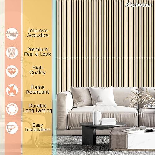 Miniatura 5 de Bobobier Panel de pared con listones de madera, paquete de 2 paneles de pared de madera acústica 3D, paneles acústicos de listones de madera de 47.2