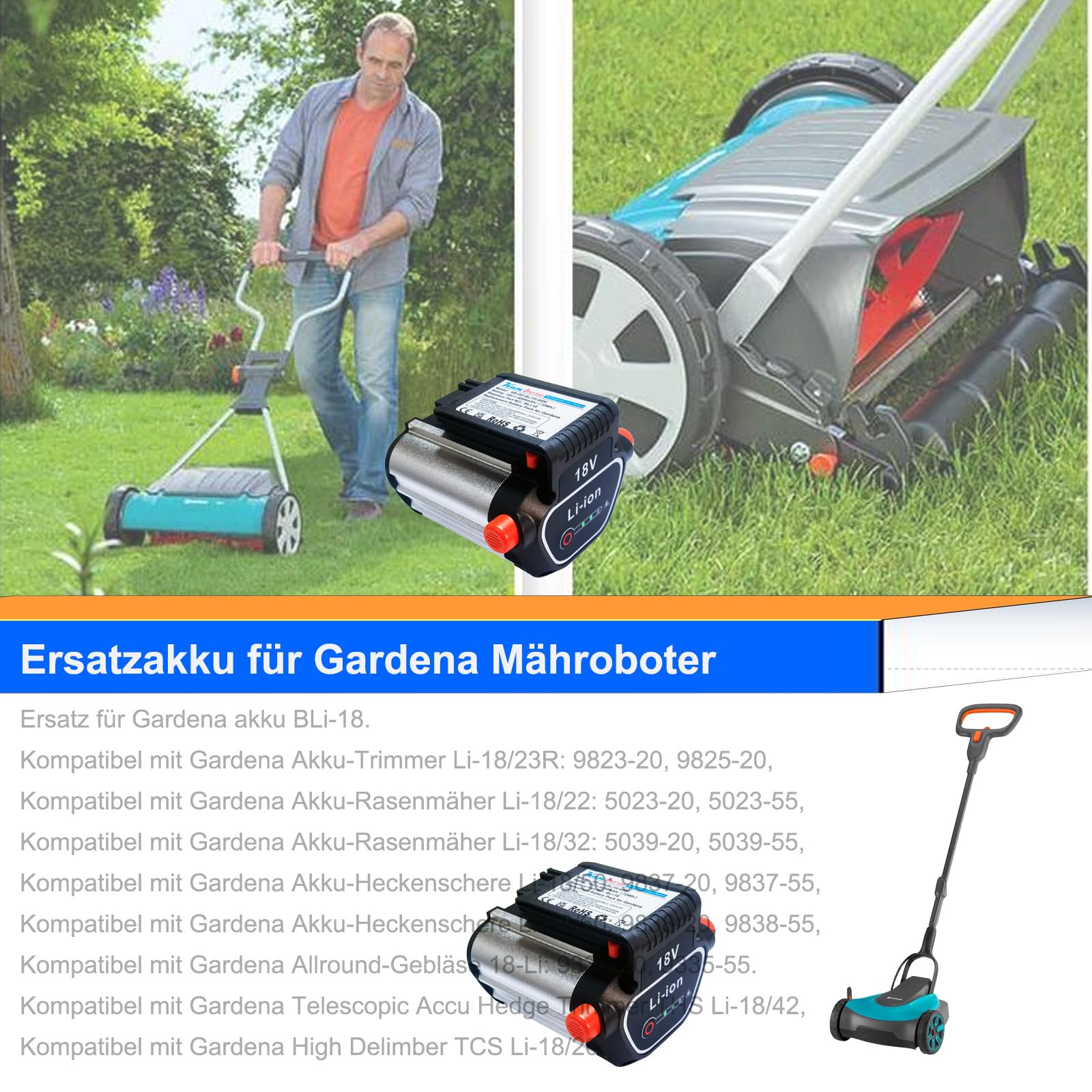 Batteria di ricambio per robot tosaerba Gardena BLi-18 9840-20 9839-20, compatibile con attrezzi Gardena 18 V agli ioni di litio (18 V/72 Wh)