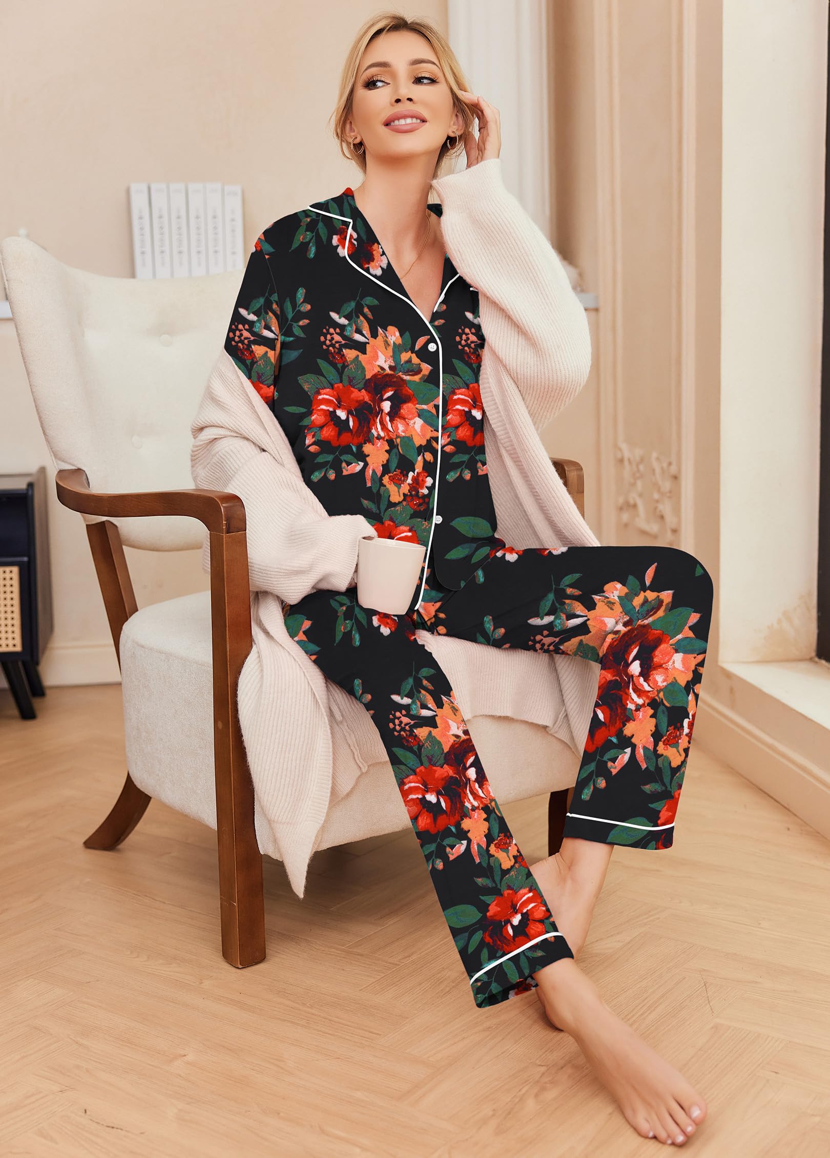 Ekouaer Pigiama Donna Maniche Lunghe Set Pigiama a Due Pezzi con Bottoni Abbigliamento da Notte Morbido Sleepwear Top e Pantaloni Pigiama XS-XXL
