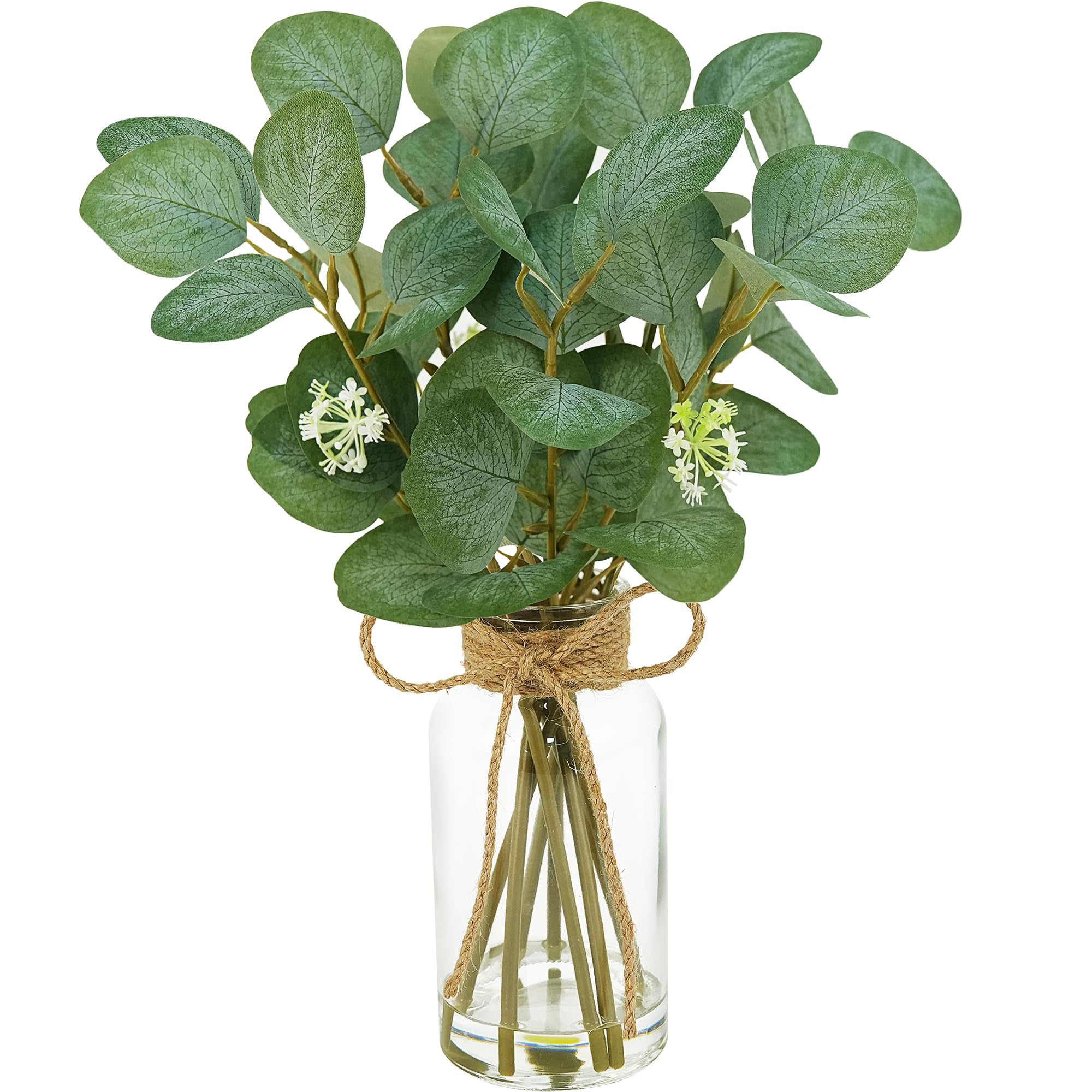FOREST PRINCE 15" Artificial Eucalyptus Stems in Glass Vase with Faux Water, Fake Plant Eucalyptus Leaves for Bathroom Centerpiece Table Kitchen