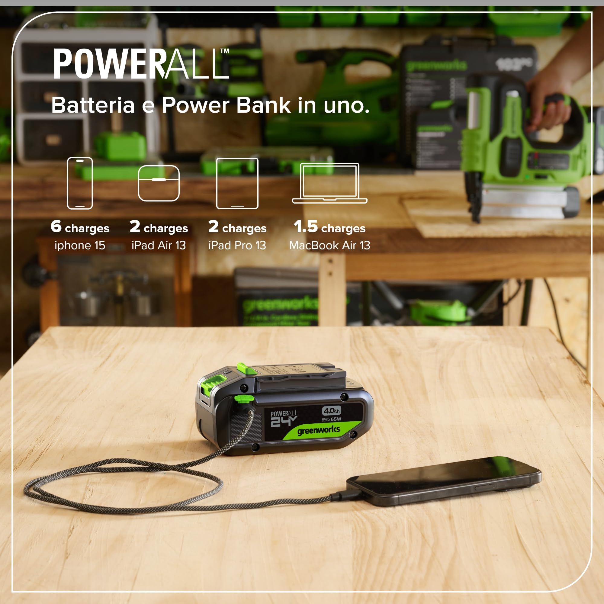 Greenworks TwinPack 24V 4Ah Batteria Ricaricabile ad Alta Potenza USB-C Batteria Li-Ion Compatibile con Tutti gli oltre 200 Dispositivi Greenworks 24V, 2 anni di garanzia - K2D8NNA