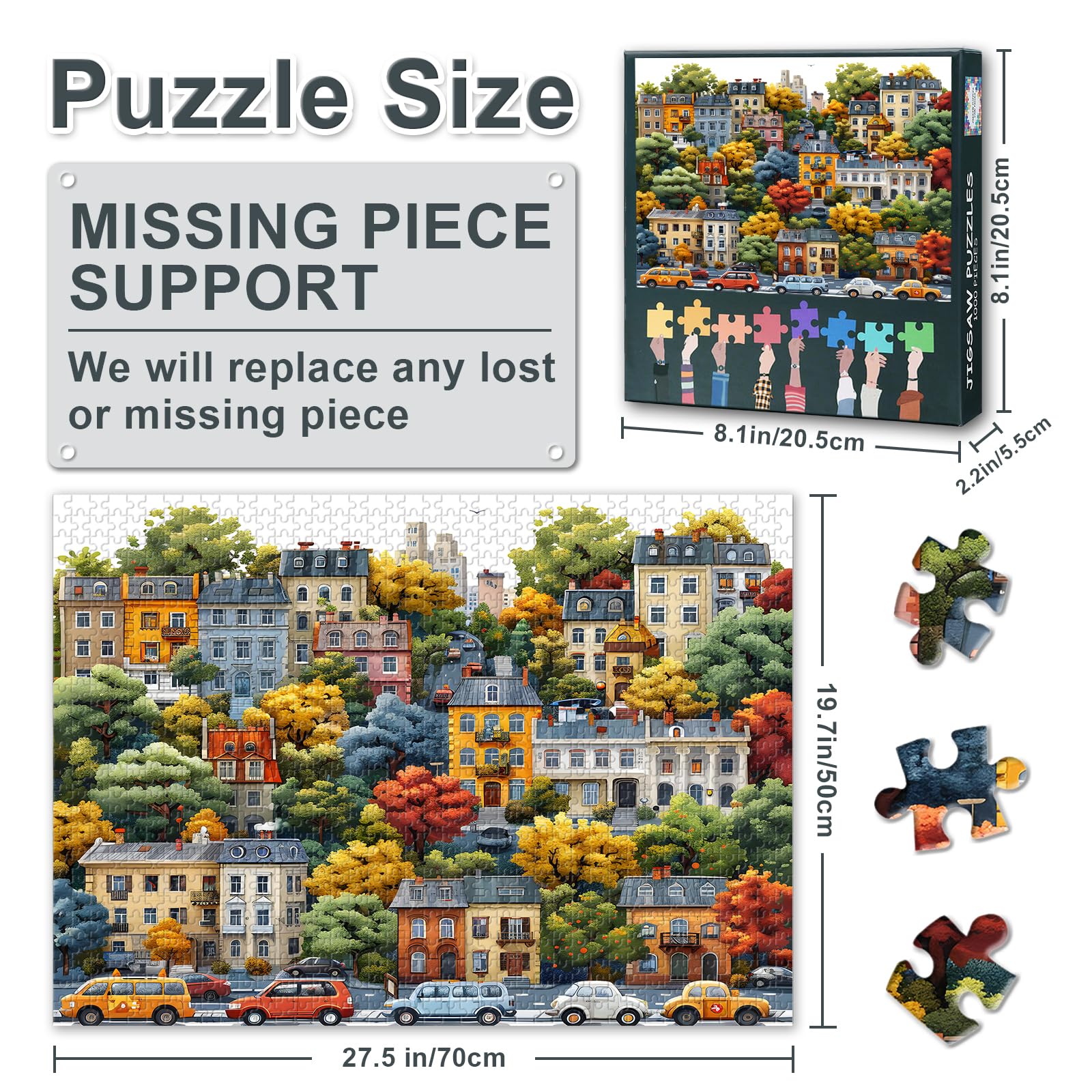 Houses Trees Cars Puzzles Artwork Home Wall Decor as Gifts for Puzzle Lovers 1000 Pieces Cityscape Jigsaw Puzzles for Adult Intellectual Games Challenging Puzzle 27.5"X19.7" - Image 3