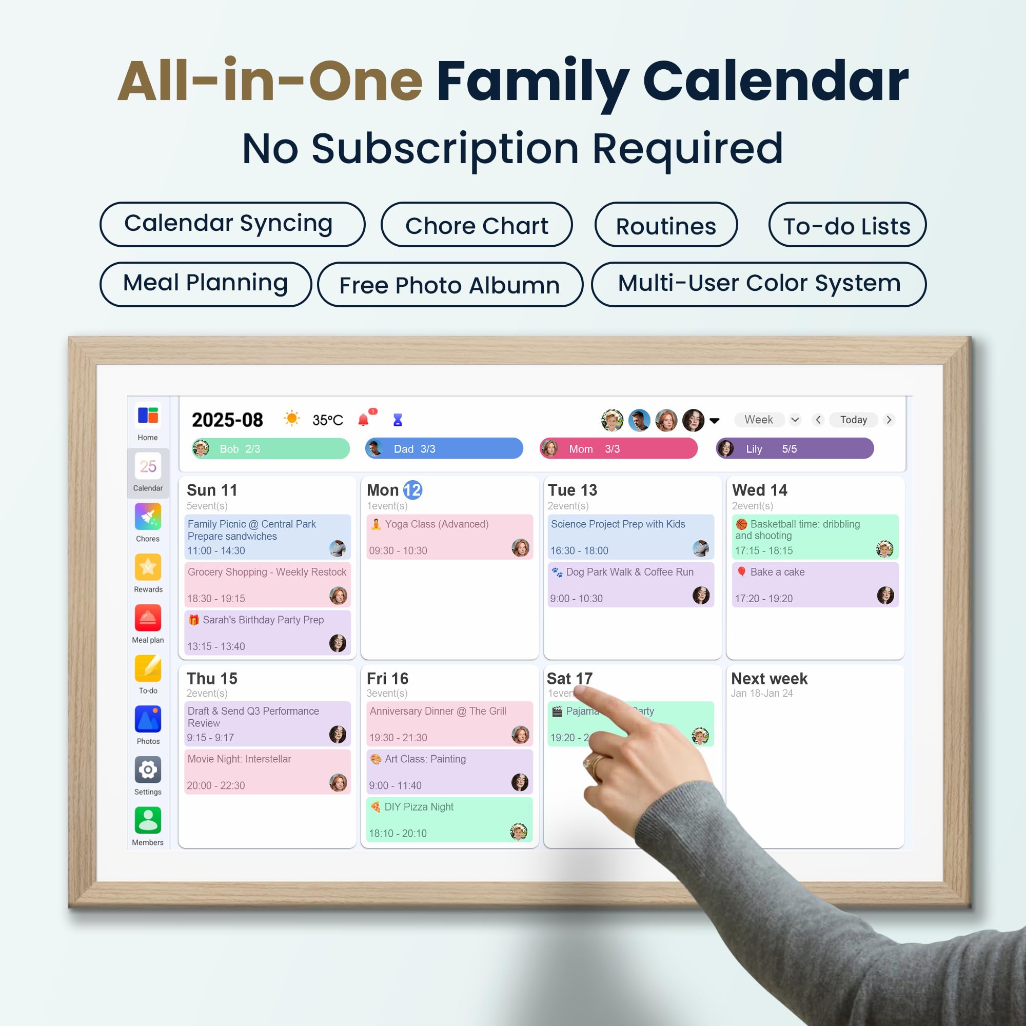 Inteligentny kalendarz cyfrowy i ramka na zdjęcia dla rodziny, drewniana ramka, duży planer ścienny z automatyczną synchronizacją z Apple, Google i Outlook, wyświetlacz dotykowy z wykresem