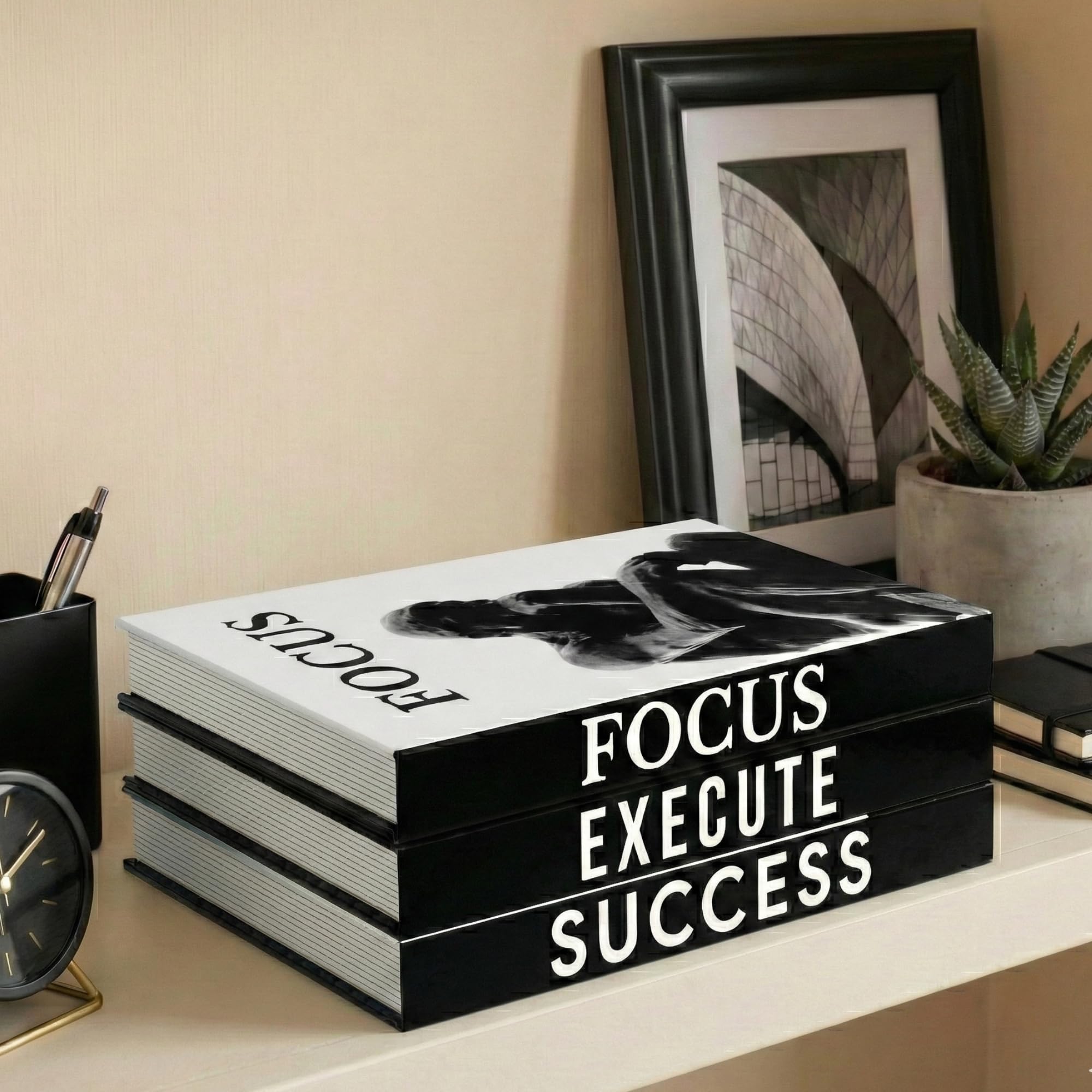 Motivational Desk Décor Set of 3 Decorative Books for Modern Home Office Decor Shelf Aesthetic Black & White Faux/Fake Books for Decoration Minimalist Book Box for Coffee Table Bookshelf TV Stand
