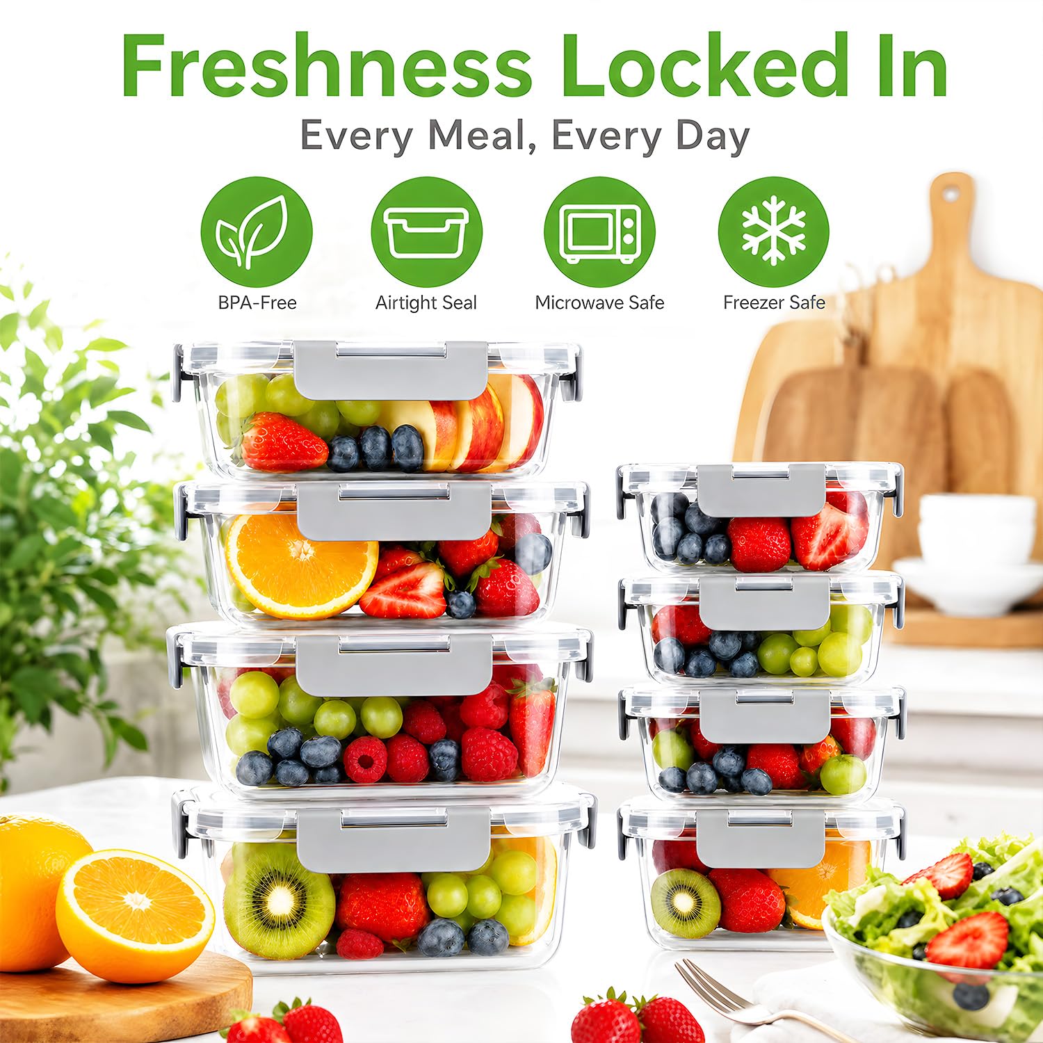 Confezione da 12 contenitori per alimenti in vetro con coperchio, contenitori ermetici in borosilicato, senza BPA, per forno a microonde e lavastoviglie, contenitori per pranzo e pranzo