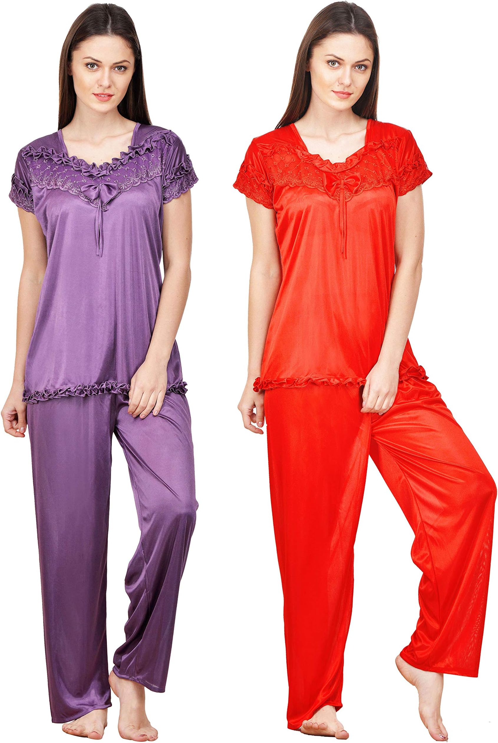 PhalinWomen's Satin Plain/Solid Night Suit Set Pack of 2