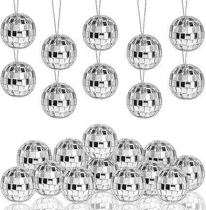 BAKEFY -12 Piece Mini Disco Party Decoration Hanging Mirror Ball Silver Disco Balls Ornaments Reflective Design Suitable for Christmas Tree,Party,Wedding Decoration