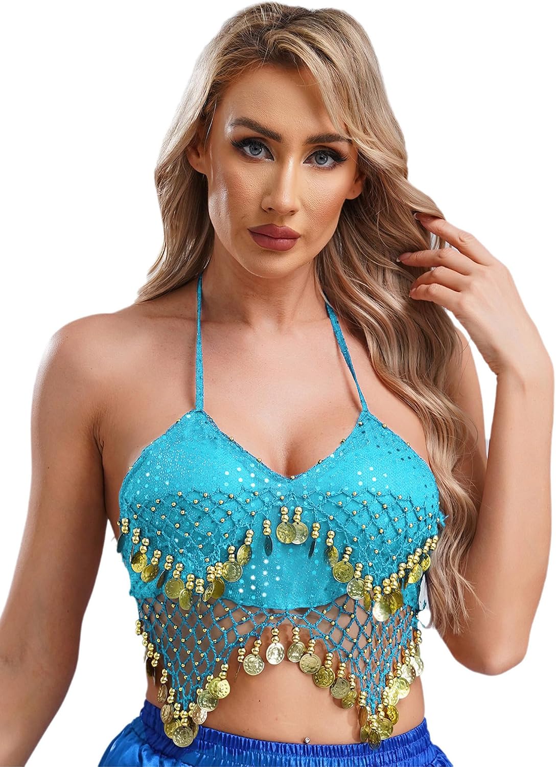 iiniim Womens Glitter Sequins Belly Dance Bra Top Halter Beads Tassel Crop Top Dance Costume