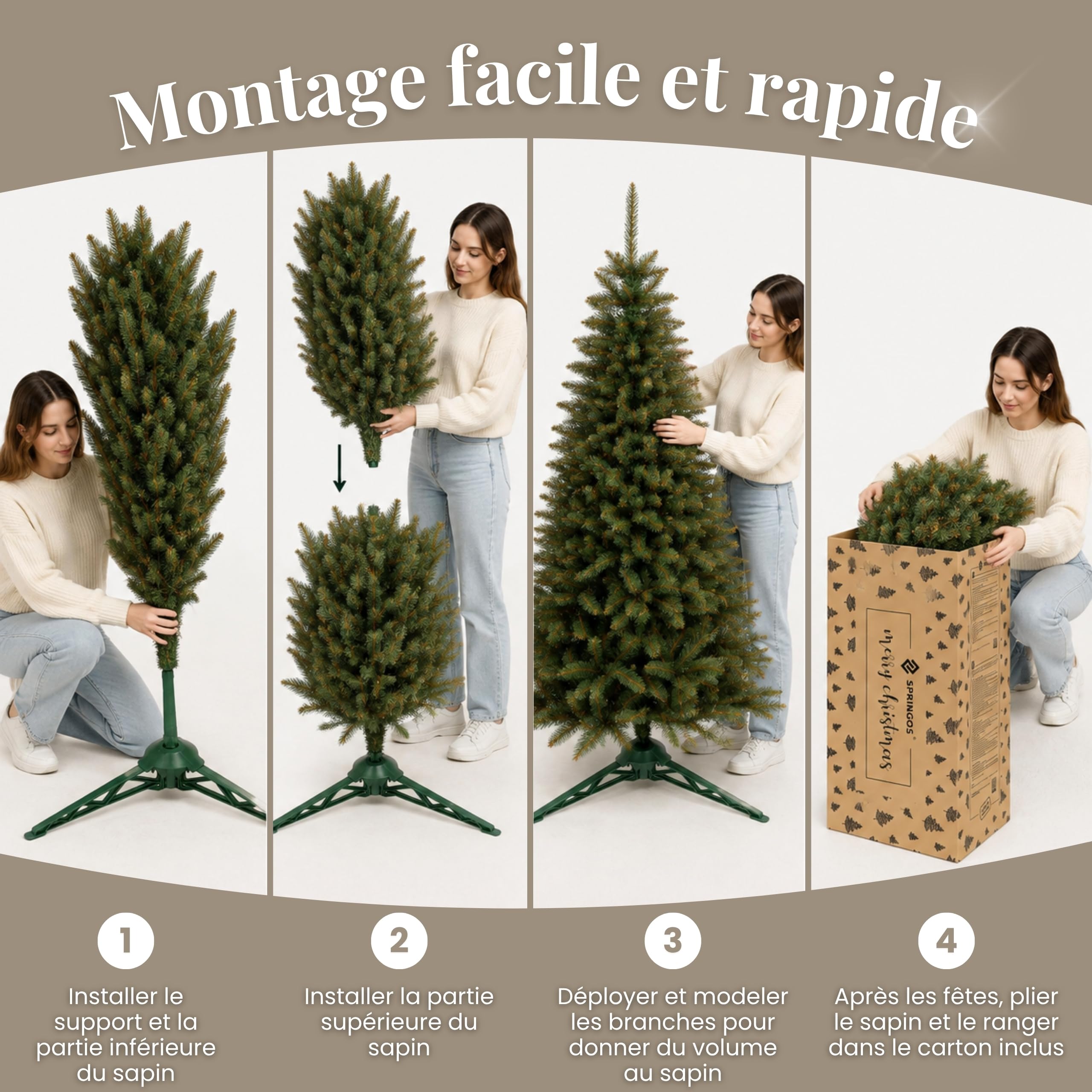 SPRINGOS Sapin de Noël en épicéa du Caucase 180 cm artificiel fabriqué en UE Support en plastique, Vertes