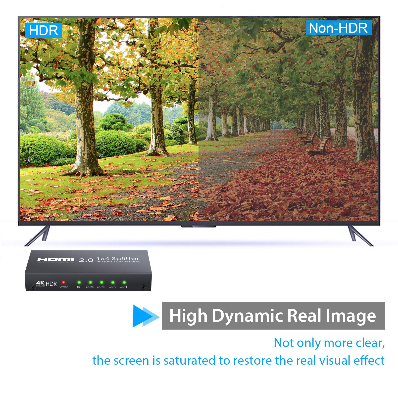 Répartiteur HDMI 2.0 4 Voies Prise en Charge du séparateur HDMI 4K @ 60Hz YUV 4: 4: 4 et HDR 1 entrée sur 4 Sorties Amplificateur de Distribution HDMI pour Lecteur Blu-Ray Skybox Xbox One Sky Box