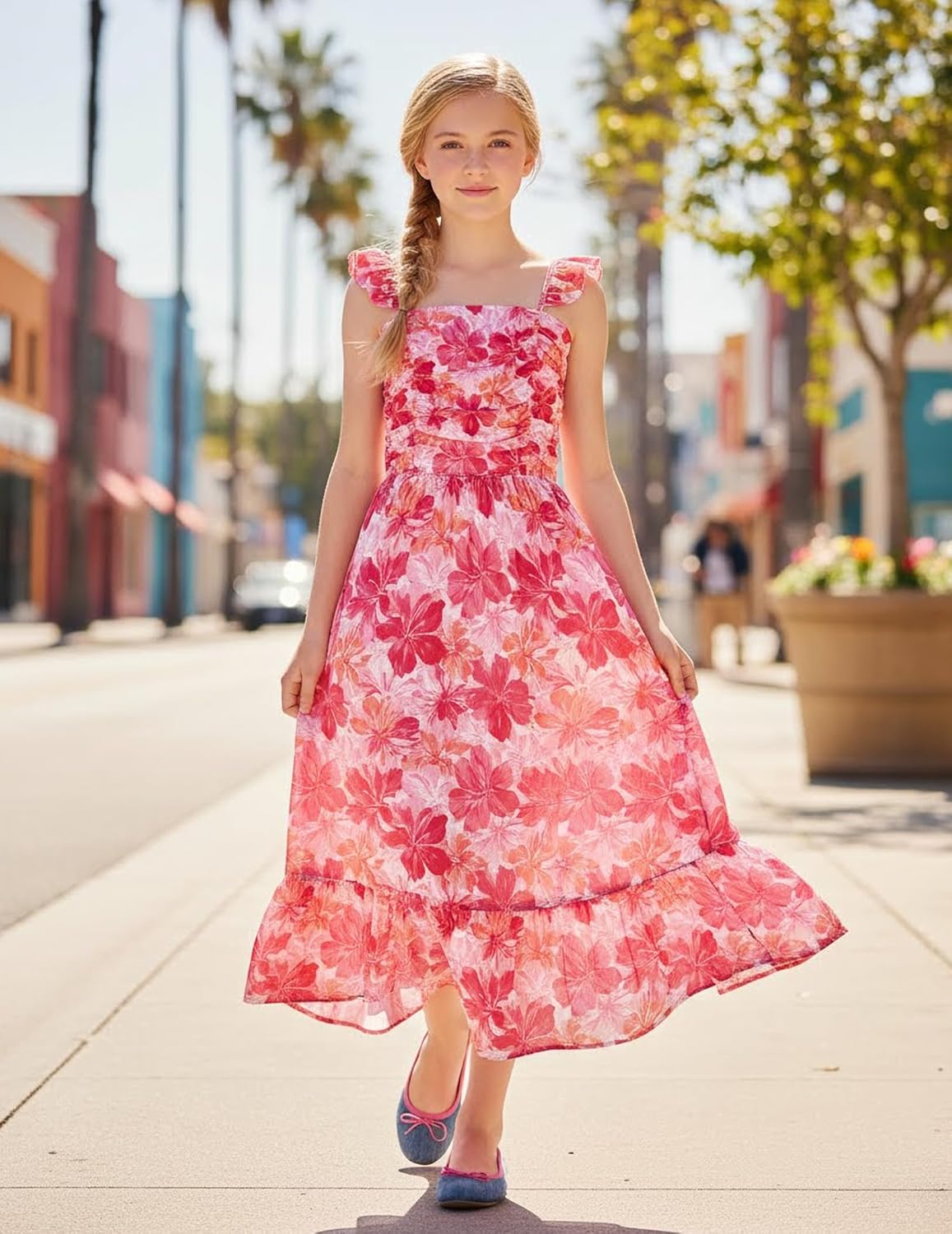 Sunny Spirit Girl's Summer Floral Dresses Kids Cute Ruffle Sleeve Smocked Flowy Dress 6-14 Years - Image 4