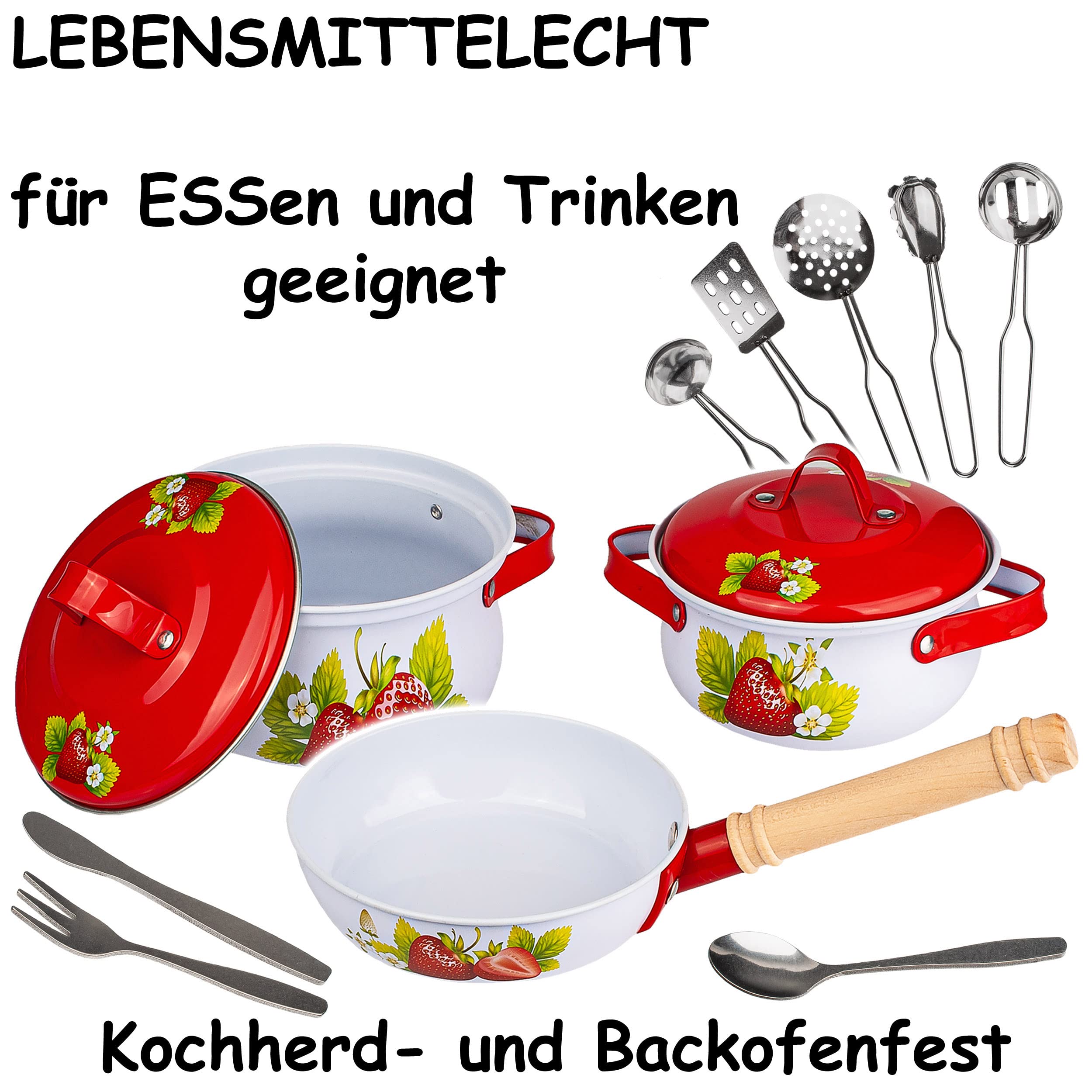 alles-meine.de GmbH 24 TLG. großes Set Kochset & Topfset - Puppengeschirr/Kochtopfset - Erdbeere - aus Metall/Emaille - echte Blech Töpfe/Panne + Küchenhelfer - Kochgesch..
