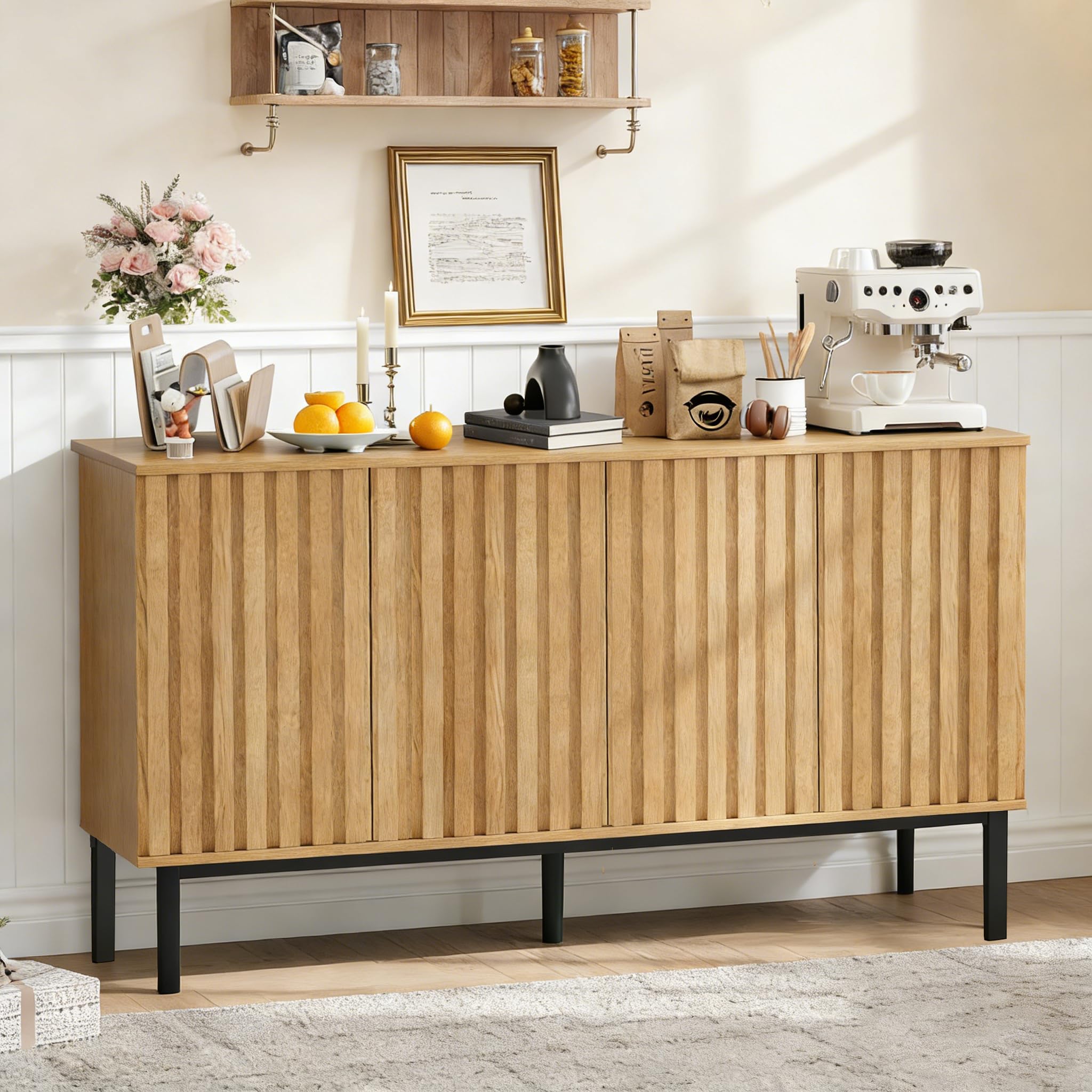 Garvee 60 Inch Sideboard Buffet Cabinet with Fluted Doors, Modern Wood Storage Cabinet with Adjustable Shelf, Freestanding Coffee Bar for Dining Room