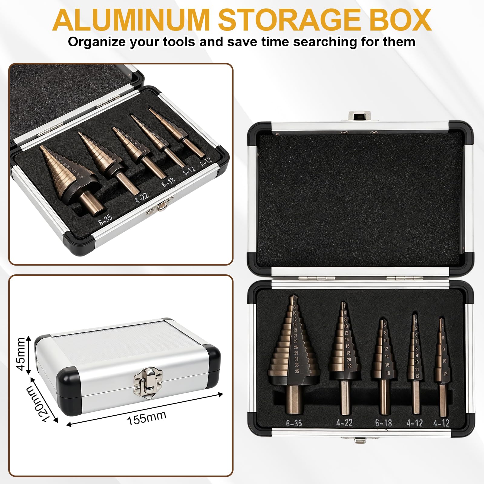 Stufenbohrer Metall Set, 5 Stück, 44 metrische Größen, HSS-Titanbeschichtet, für Metall – ein Bohrer für viele Lochgrößen (Unibit-Qualität)