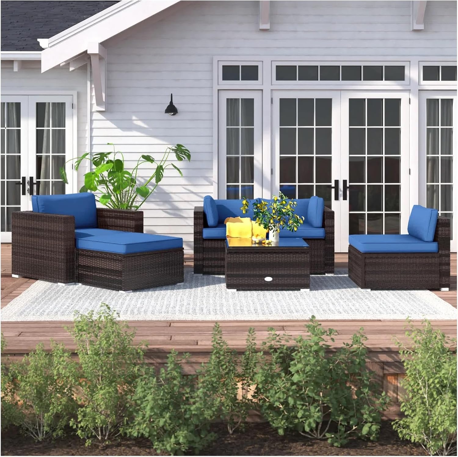 6 Piece Rattan Sofa Seating Group with Cushion, Pool